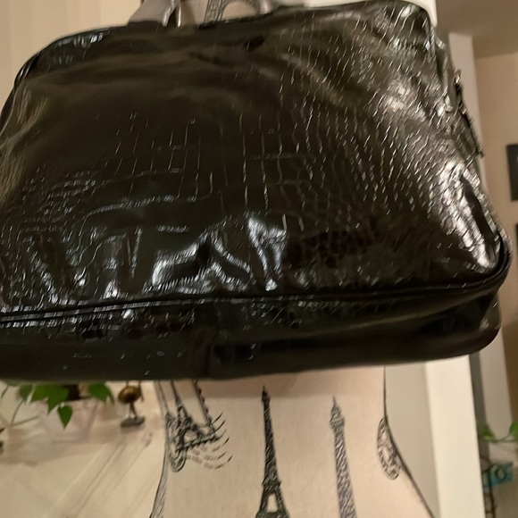 Vintage Saks Fifth Avenue-Black Faux Reptile Print Zippered Tote Bag-15”x12” - Picture 3 of 5